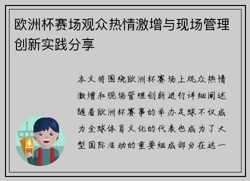 欧洲杯赛场观众热情激增与现场管理创新实践分享